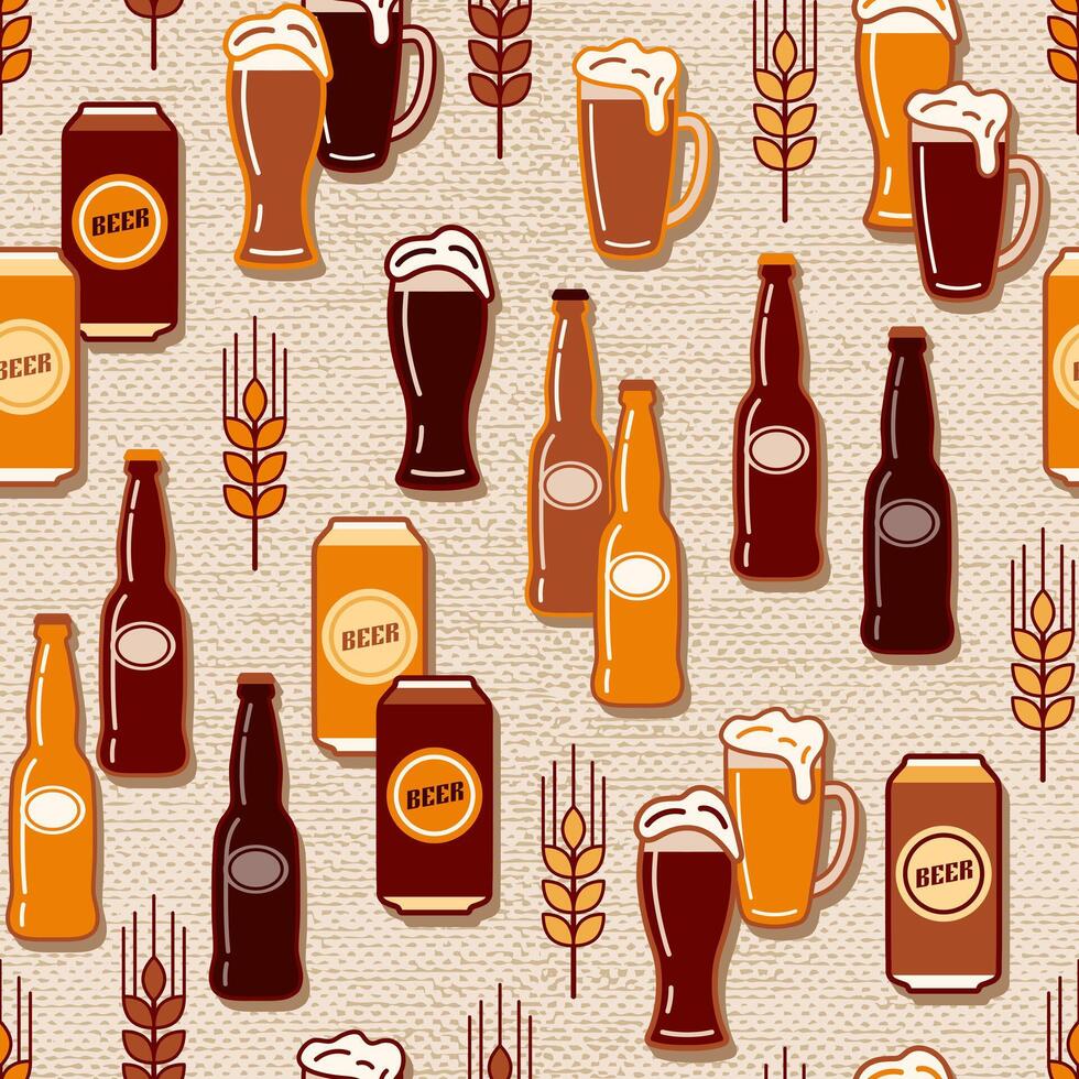 Seamless pattern with icons of beer bottle, cans, beer drink glasses, barley spikes on jute textured background. Good for branding, decoration of beer package, decorative print. Simple flat style vector