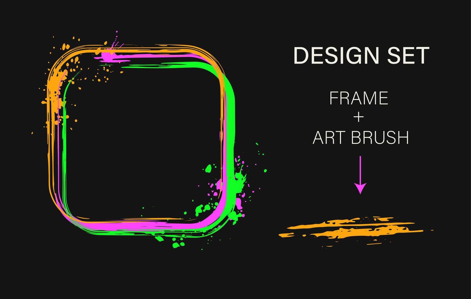 Set of design elements, square frame, grunge art brush. Geometric shape with copy space, paint brush strokes, spattered paint of neon bright colors. Virtual abstract clip art vector