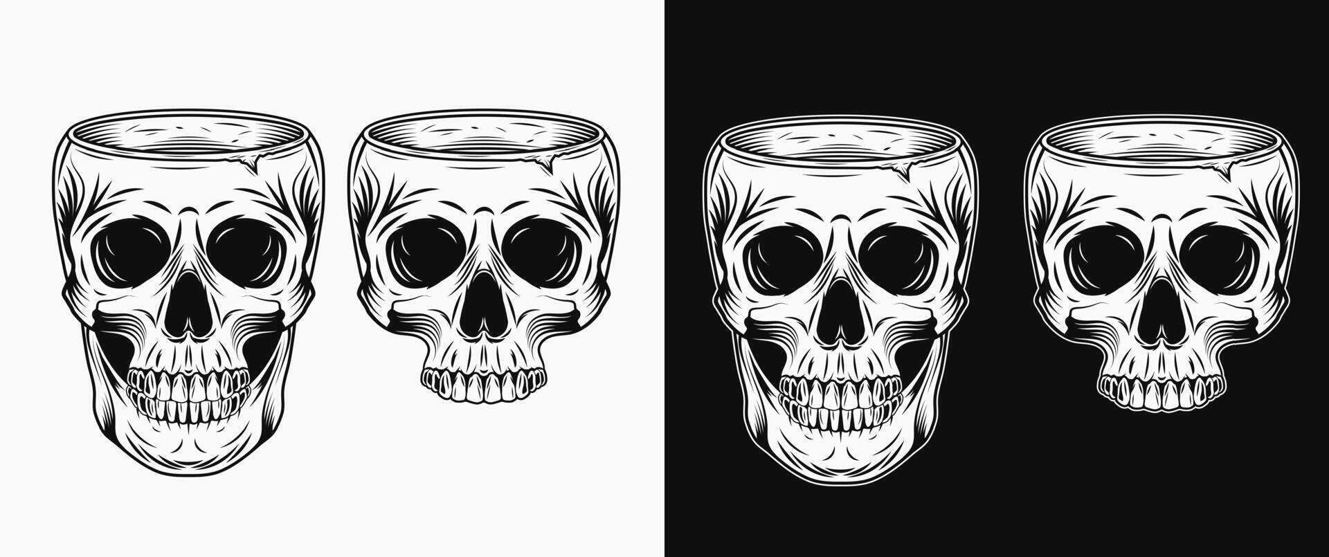 Cut human skull without top like cup, bowl, vase. Whole skull, half skull without jaw. Front view illustration in vintage style. vector