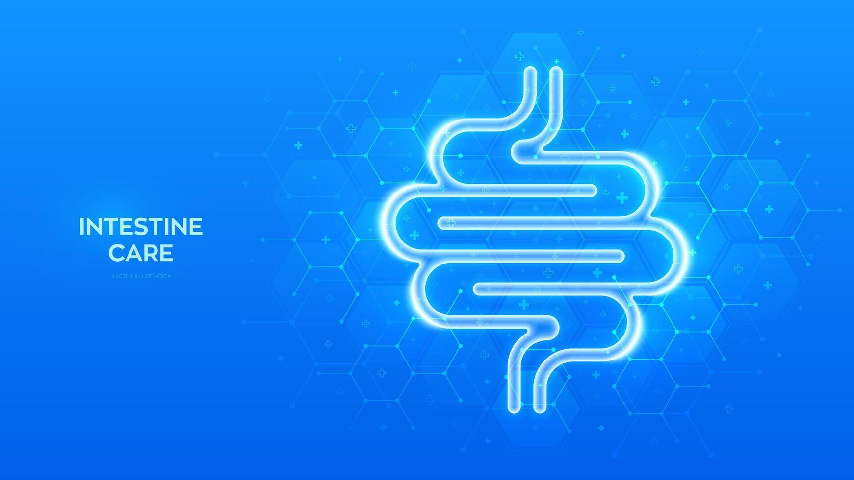 Intestine icon. Intestine health. Diagnosis, treatment of the bowel. Intestinal inflammation, colitis, dysbacteriosis. Molecular structure. Blue medical background with hexagons. illustration. vector