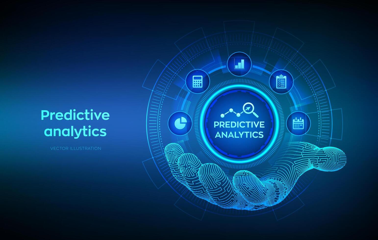 Predictive analytics icon in wireframe hand. Big Data analysis. Business intelligence technology concept on virtual screen. Machine learning. AI. illustration. vector