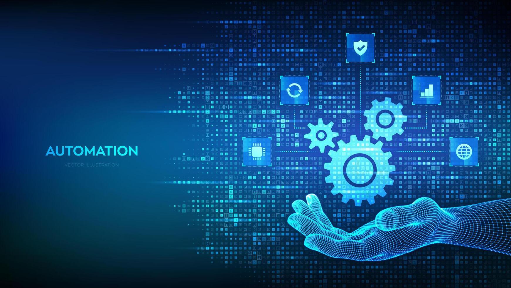 Automation Software. Gears icon made with binary code in hand. IOT and Automation icons connections. Digital binary data and streaming digital code. Background with digits 1.0. Illustration. vector