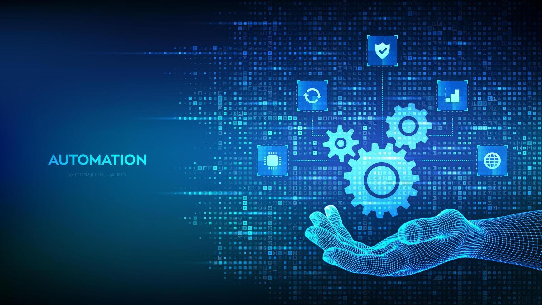 Automation Software. Gears icon made with binary code in hand. IOT and Automation icons connections. Digital binary data and streaming digital code. Background with digits 1.0. Illustration. vector