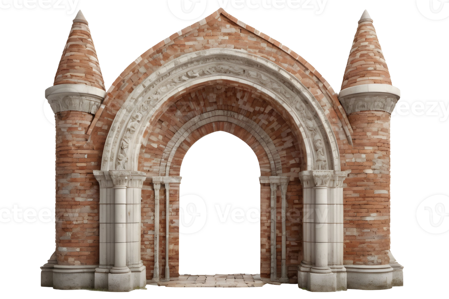 Antique brick archway, brick wall, a grand entryway, isolated on transparent background, cutout, or clipping path. png