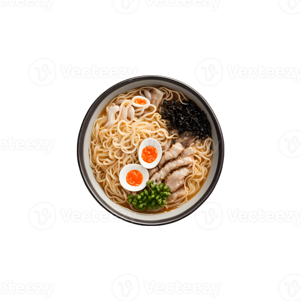 Top view of Ramen noodle soup isolated on transparent background png