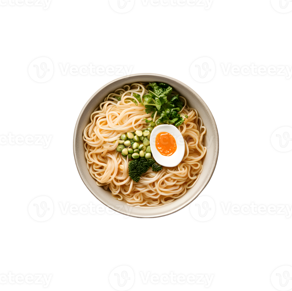 Top view of Ramen noodle soup isolated on transparent background png