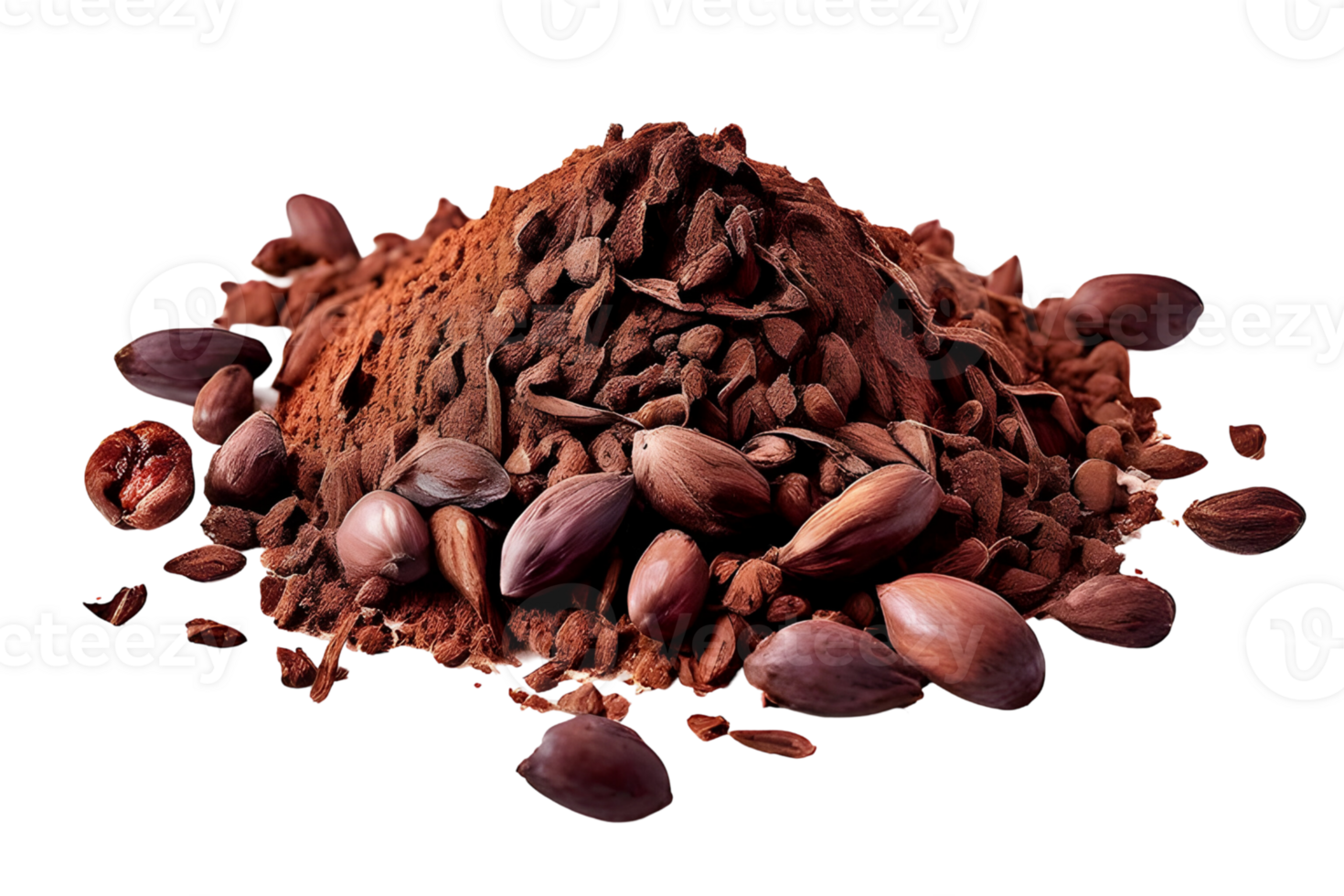 Cacao nibs, crushed and peeled cocoa, isolated on transparent background, cut out, or clipping path. png