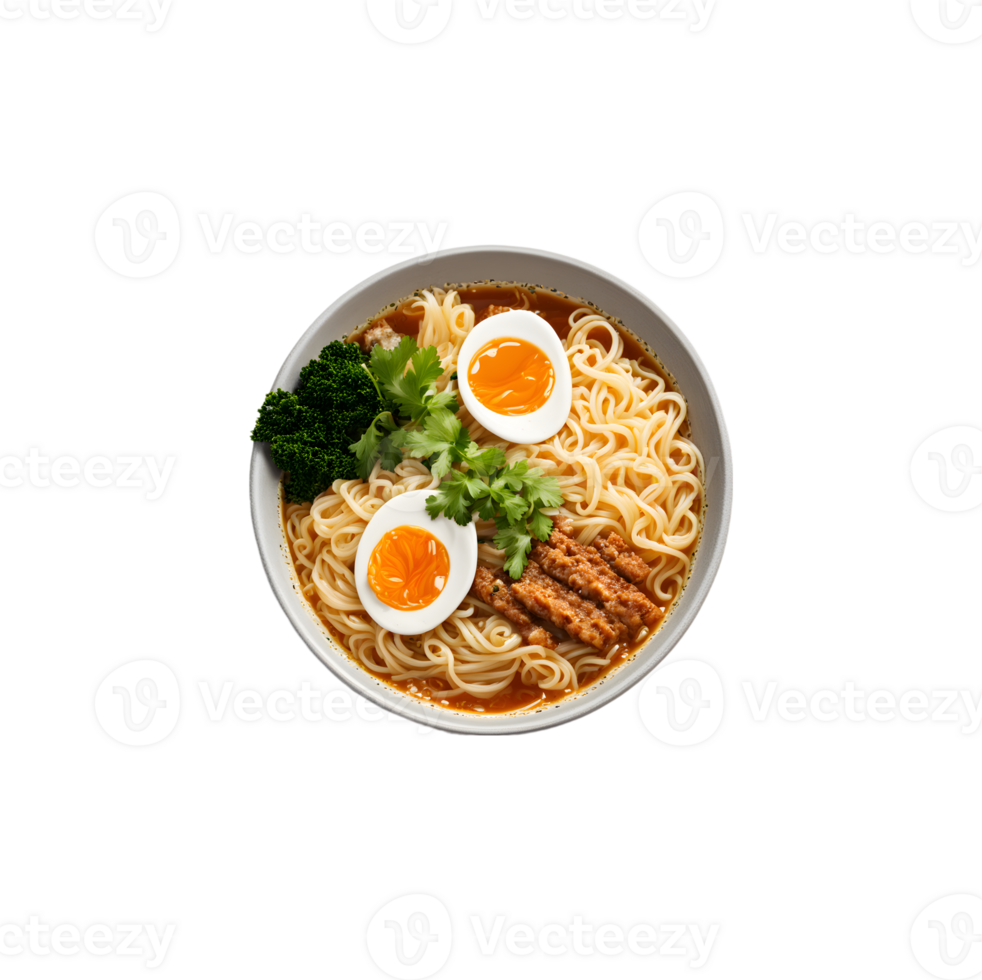 Top view of Ramen noodle soup isolated on transparent background png