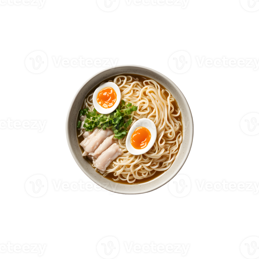 Top view of Ramen noodle soup isolated on transparent background png