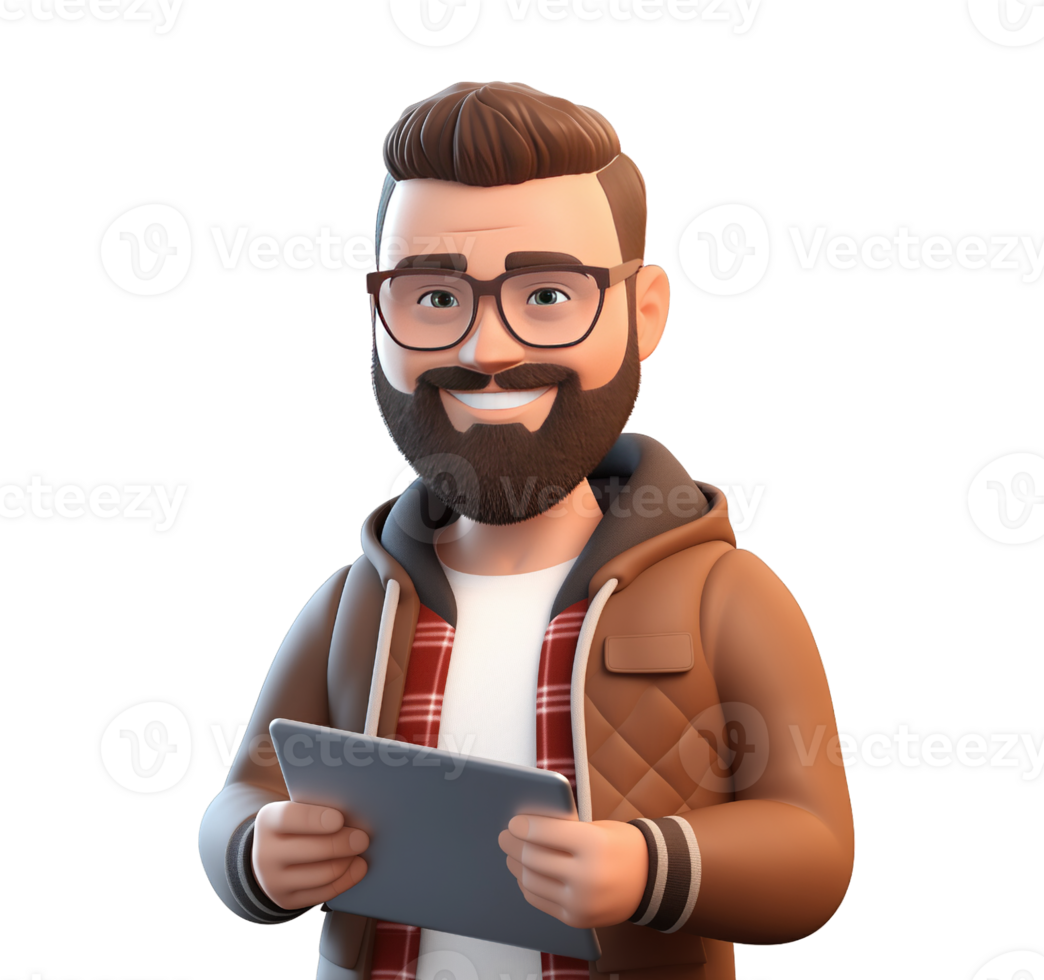3D cartoon character stylish hipster man avatar with tablet isolated on transparent background png