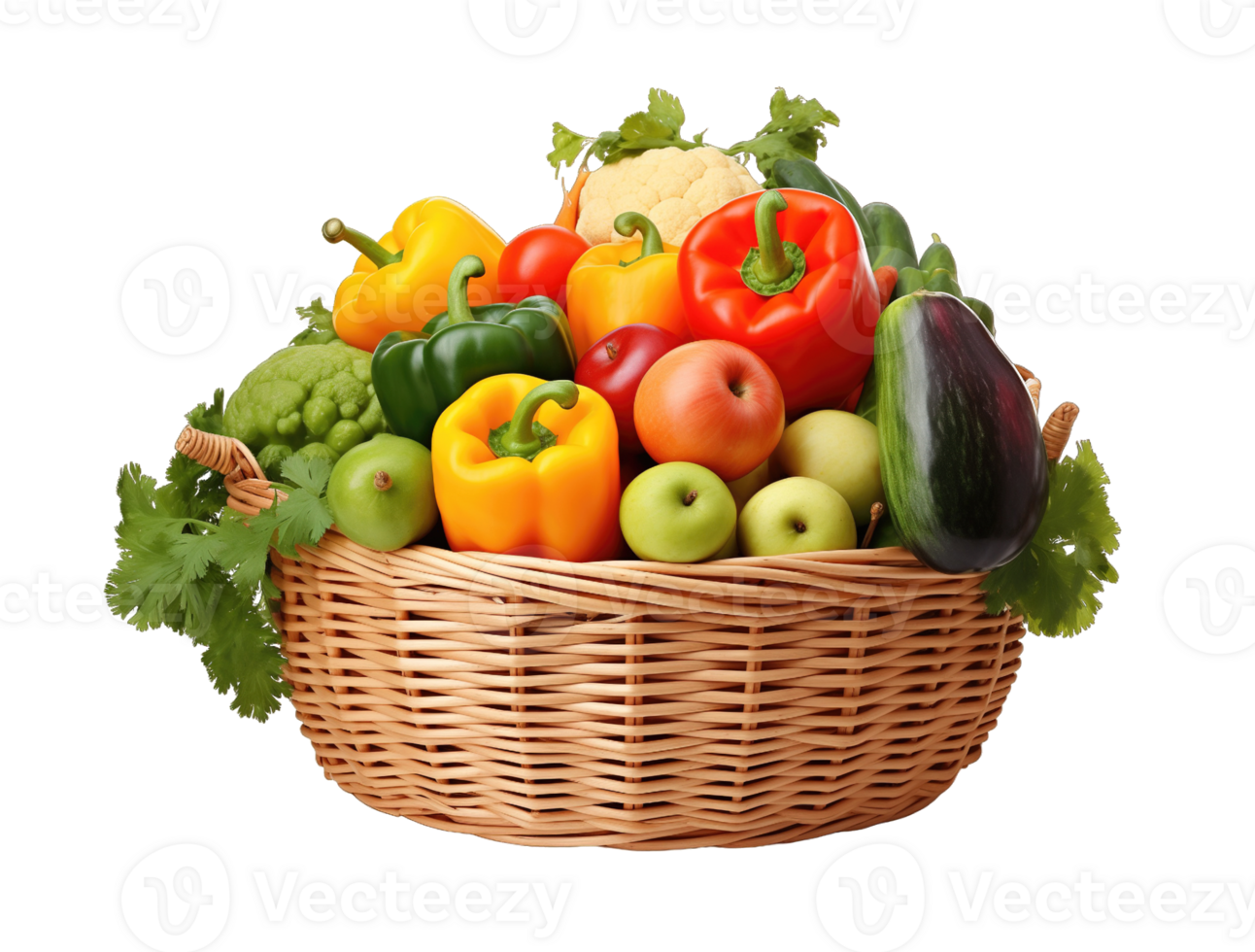 A variety of organic vegetables and fruits arranged in a wicker basket isolated on transparent background png
