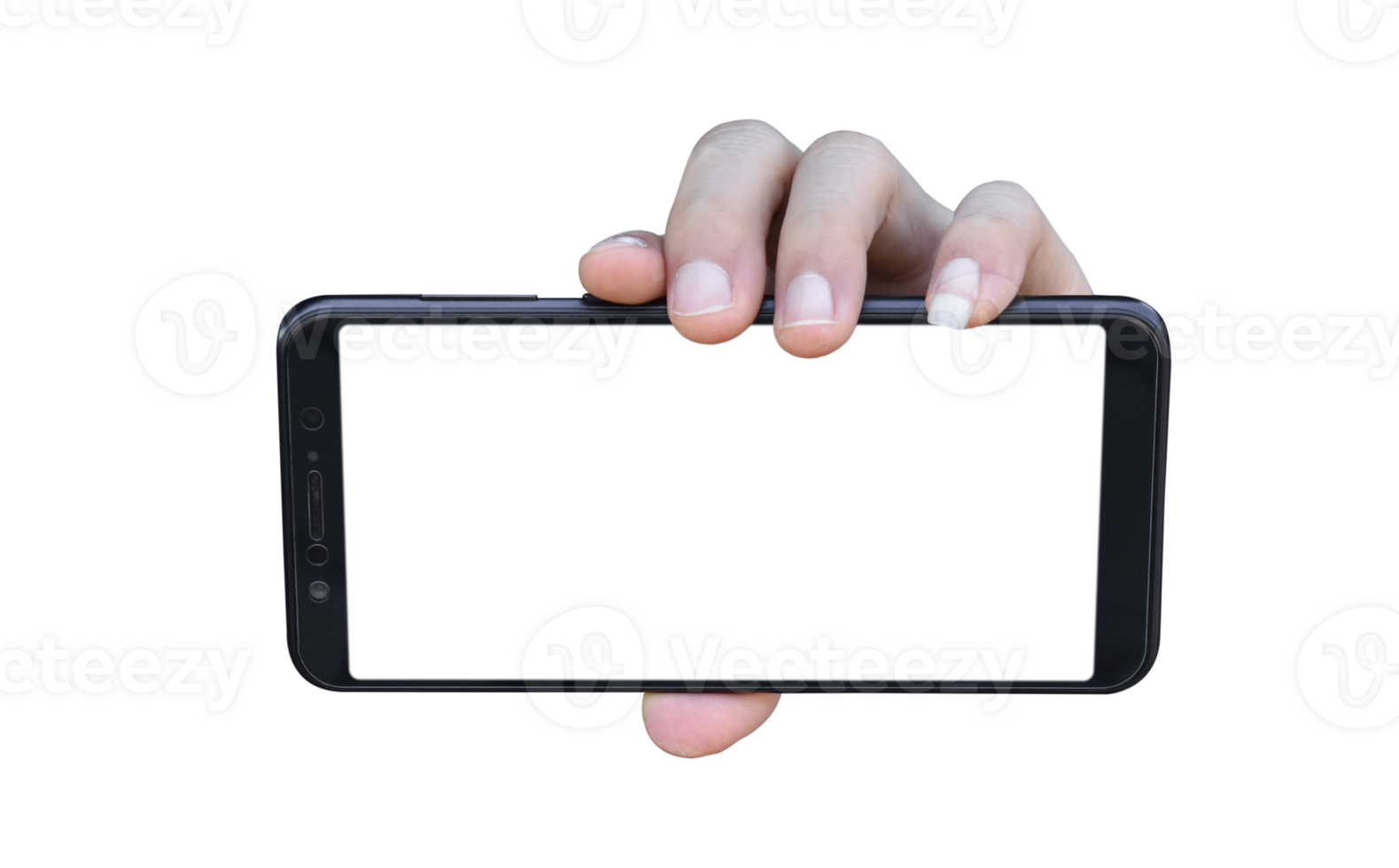 Hand hold blank screen smartphone Isolated on transparent background. File png