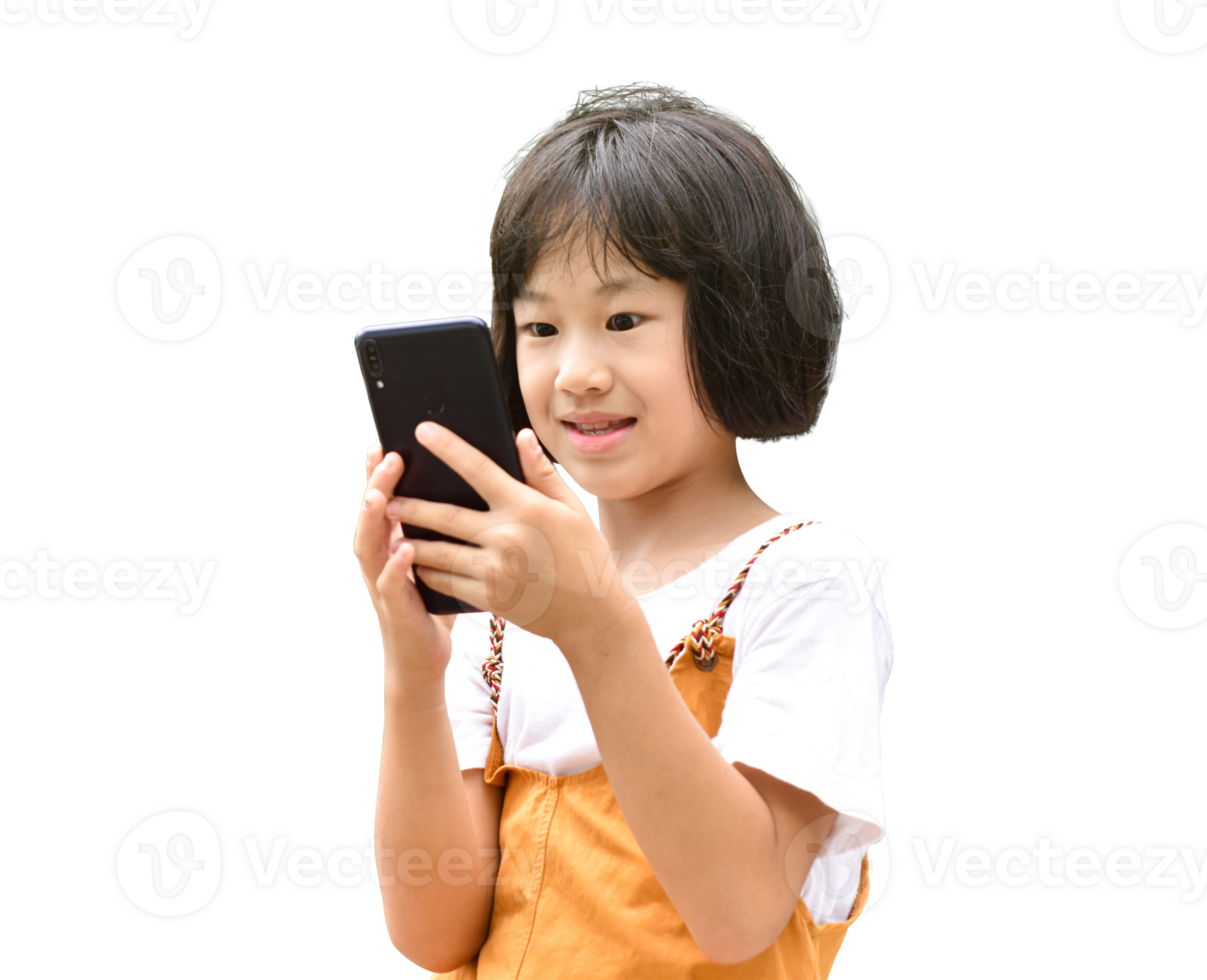 Happy child asian girl using mobile smartphone isolated on transparent background. File png