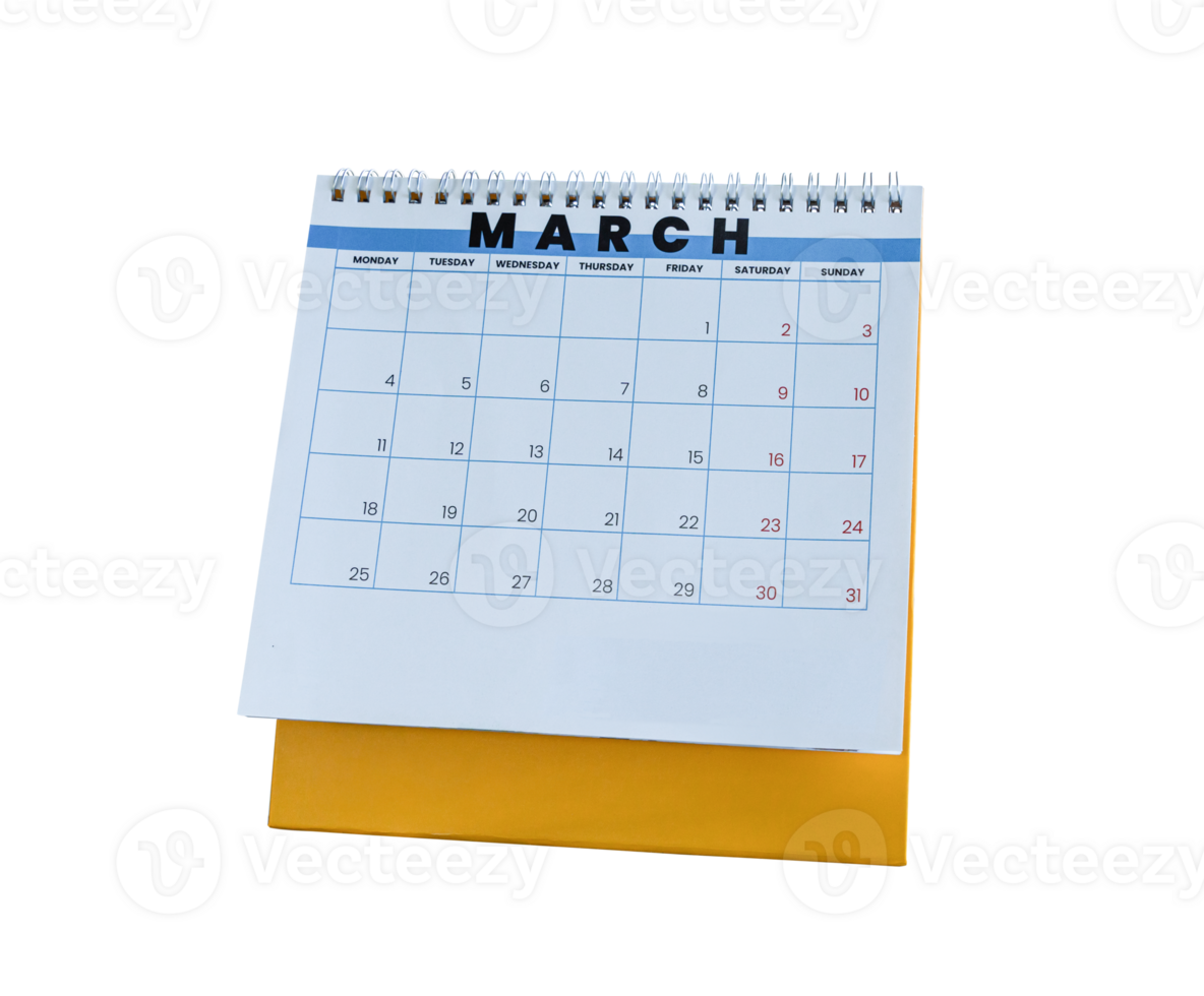 March 2024 calendar. Page of the annual a desk calendar isolated on transparent background. File png