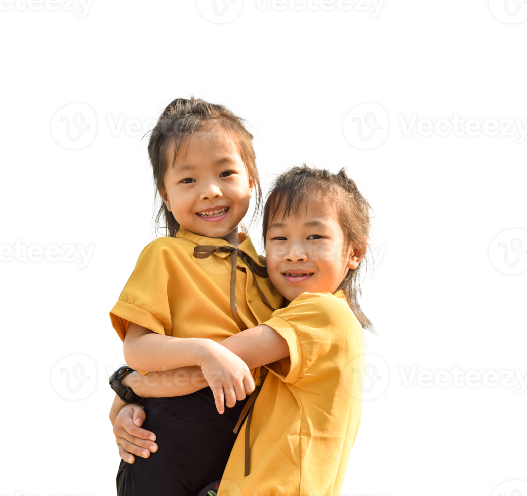 Child girl hugging and carrying her sister isolated on transparent background. File png