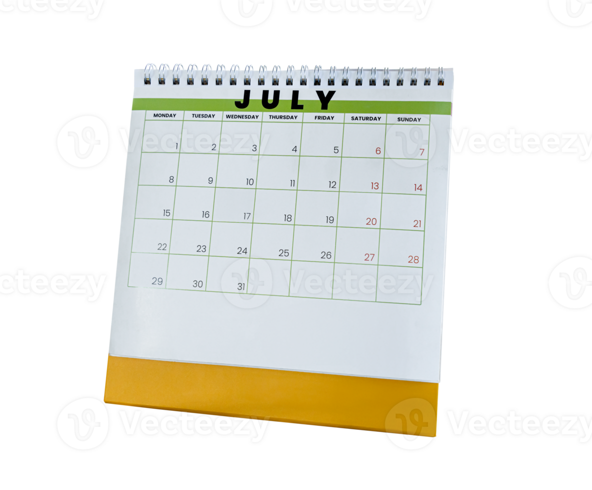 July 2024 calendar. Page of the annual a desk calendar isolated on transparent background. File png