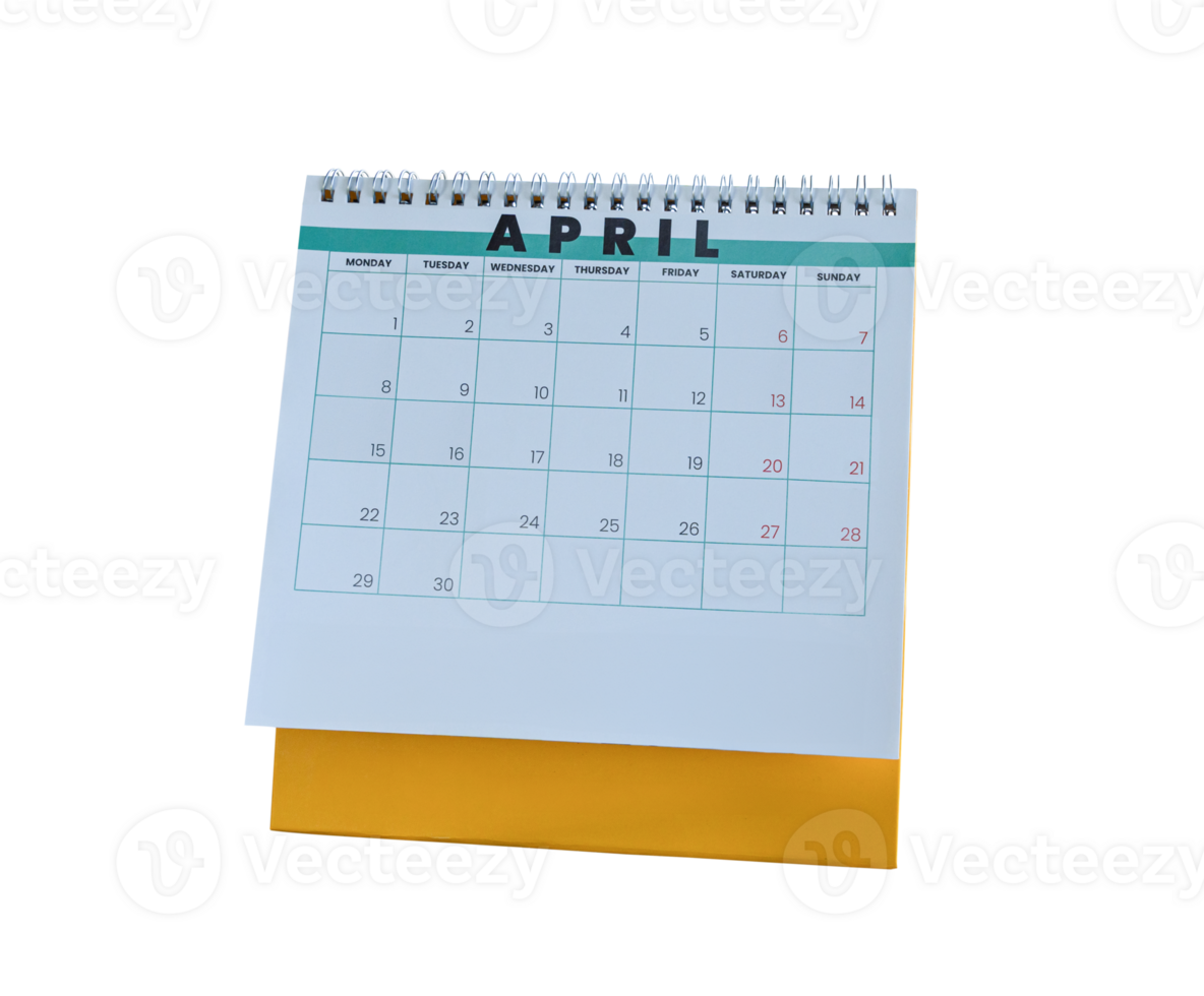 April 2024 calendar. Page of the annual a desk calendar isolated on transparent background. File png
