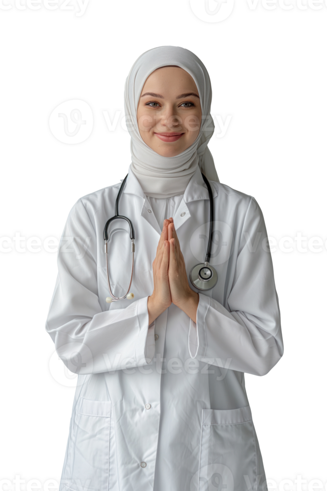 portrait of female hijab doctor in white uniform with praying pose. png