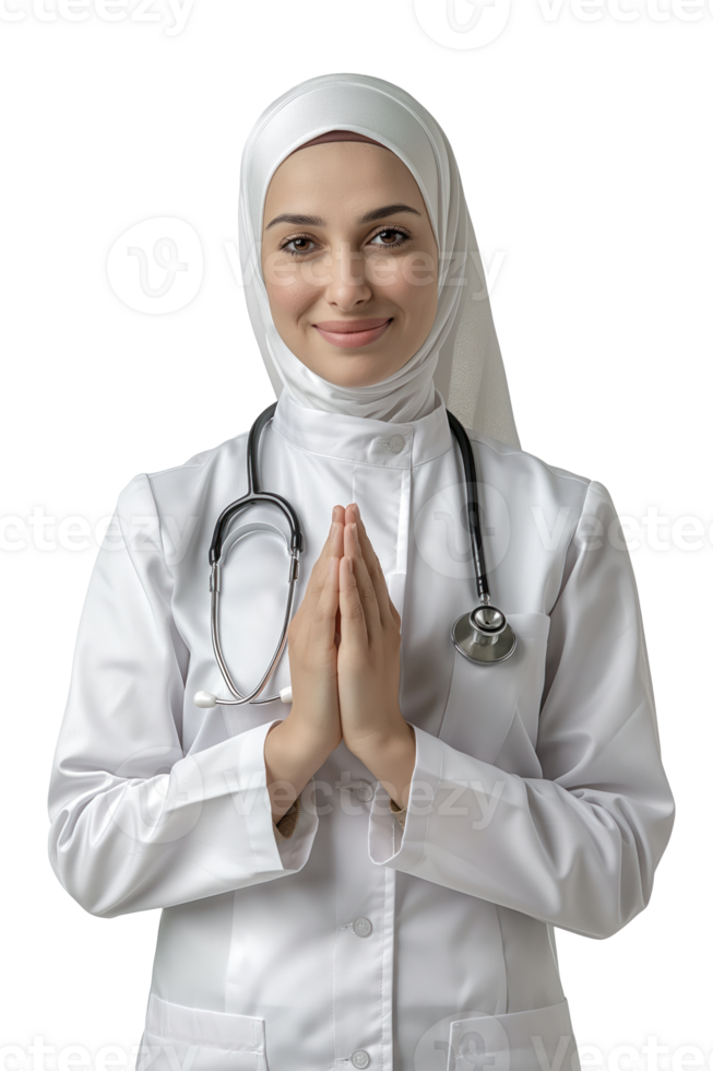 portrait of female hijab doctor in white uniform with praying pose. png