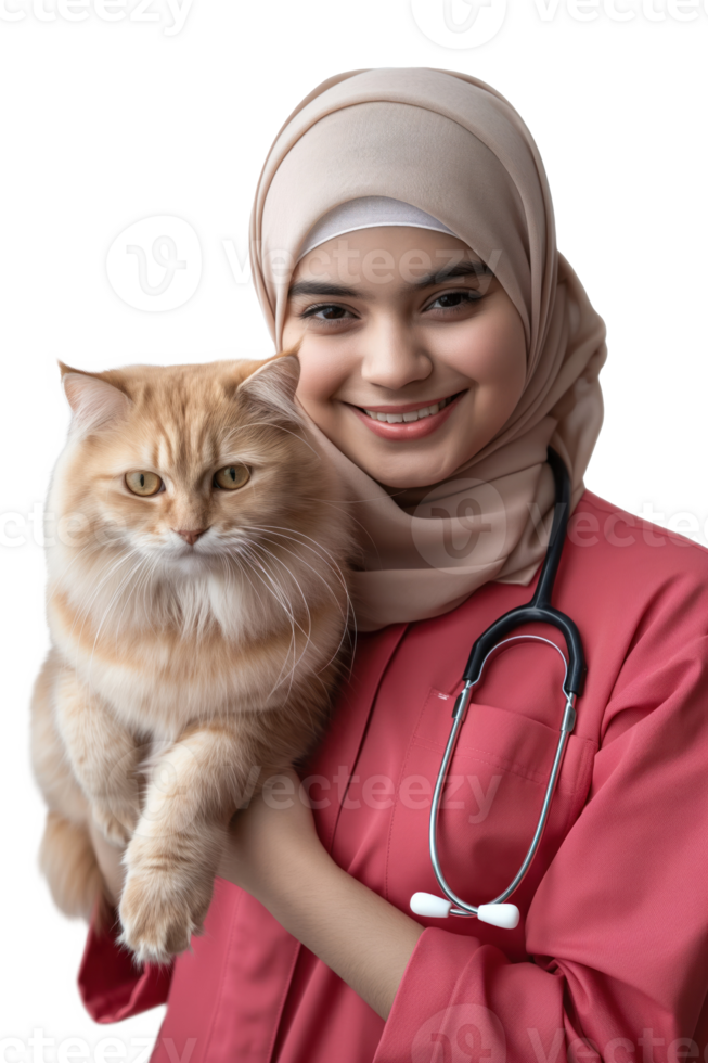 hijab female veterinarian holding a persian cat png