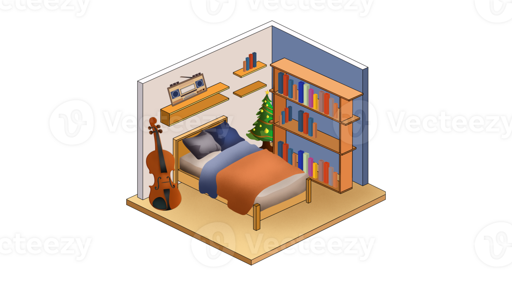 bedroom isometric interior, open view. Warm home atmosphere in love nest, Valentine's Day design, Isometric Bedroom, flat minimalistic isolated illustration png