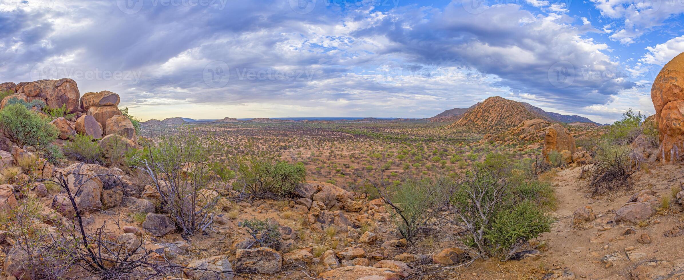 Panoramic picture of Damaraland in Namibia under a cloudy sky during the day photo