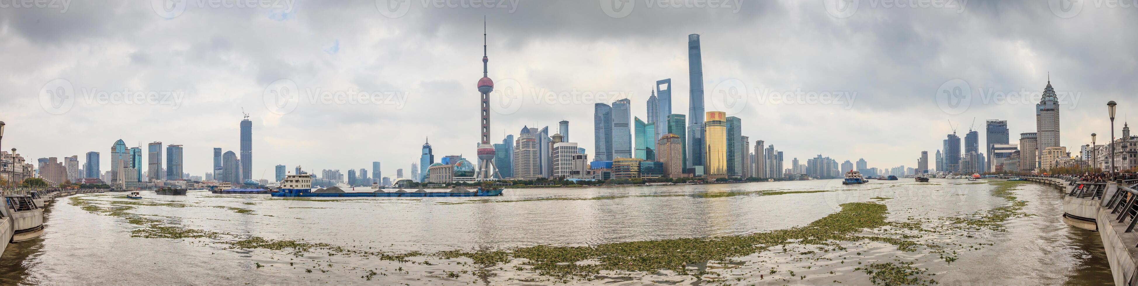 Panoramic view of the Huangpu River and the Shanghai skyline from the Bund photo