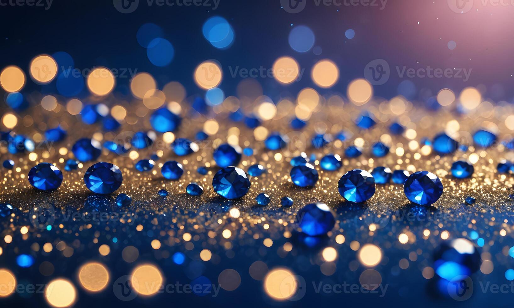 Sapphire glitter bokeh background. Unfocused shimmer royal blue sparkle. Crystal droplets wallpaper photo