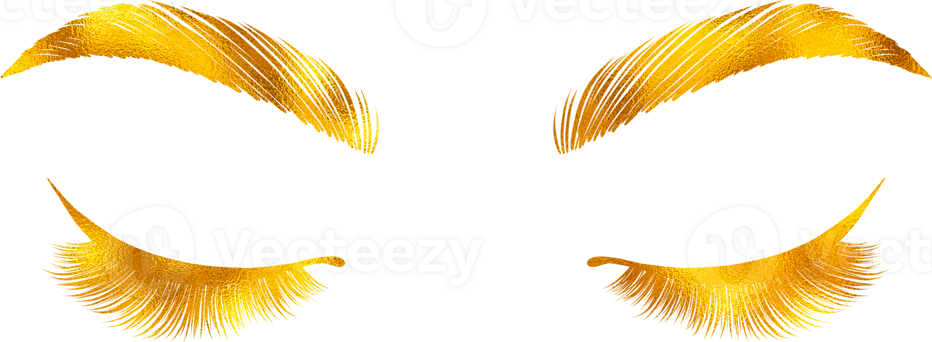 Linear style eyelashes and eyebrows with gold effect. png