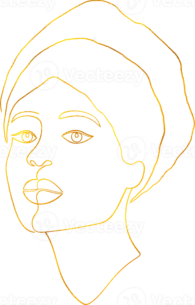 Female face in line art style with golden foil effect. png