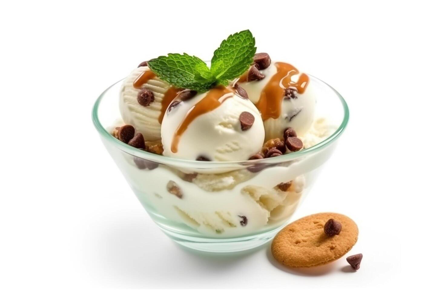 Vanilla ice cream raisins and mint in bowl isolated on white background.. photo