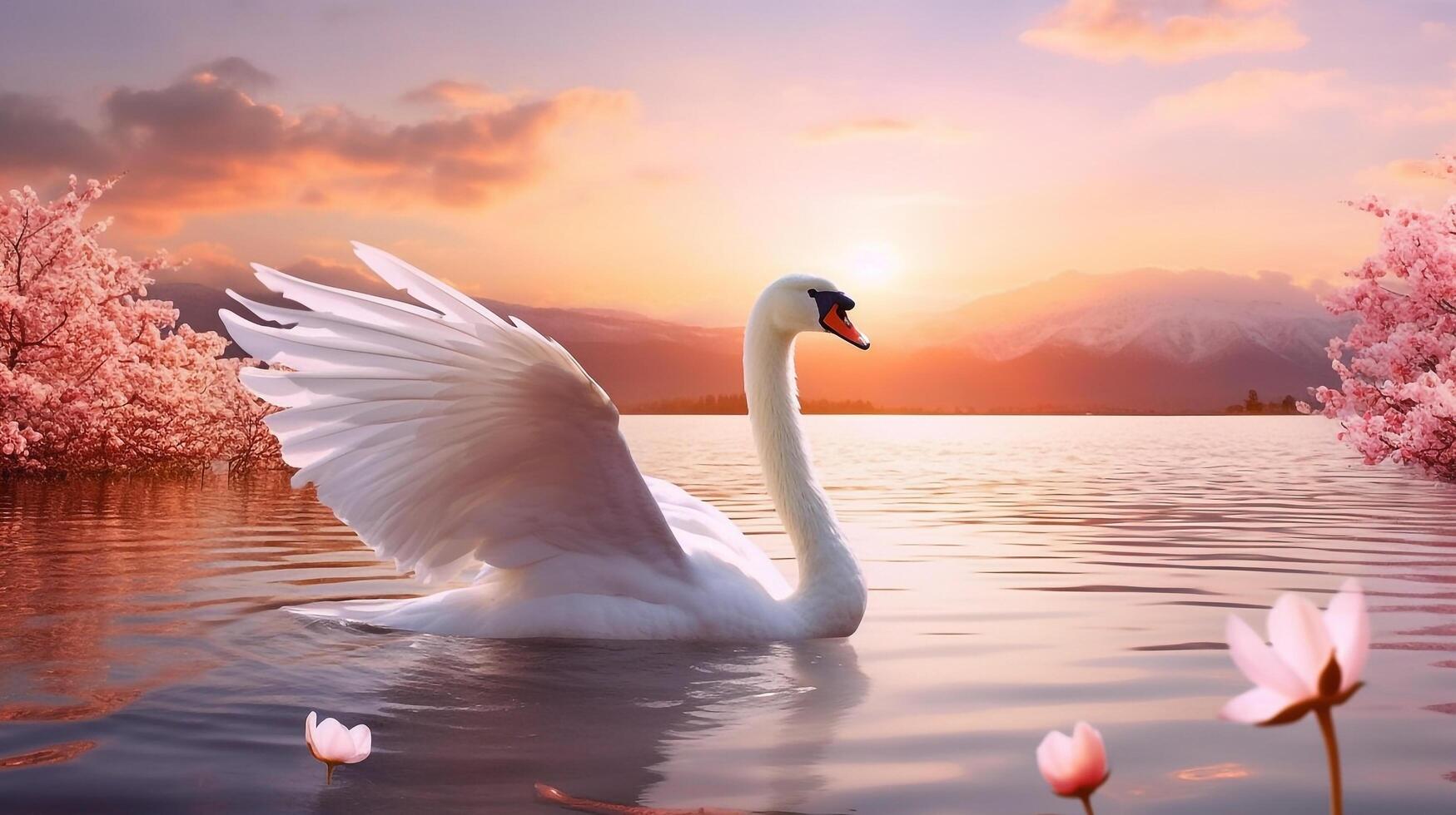 Swan spreading wings in the river with fuji mountain background.. photo