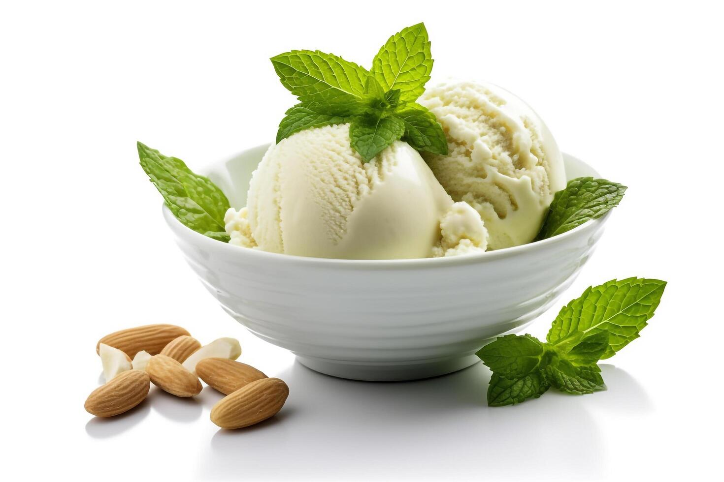 Lime ice cream almonds,mint leaf isolated on white background.. photo