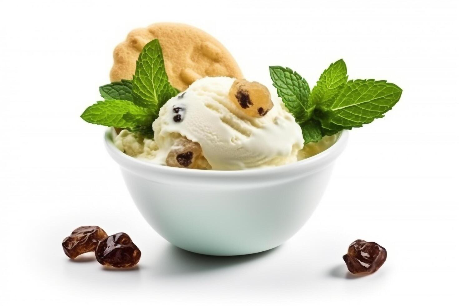 Vanilla ice cream raisins and mint in bowl isolated on white background.. photo