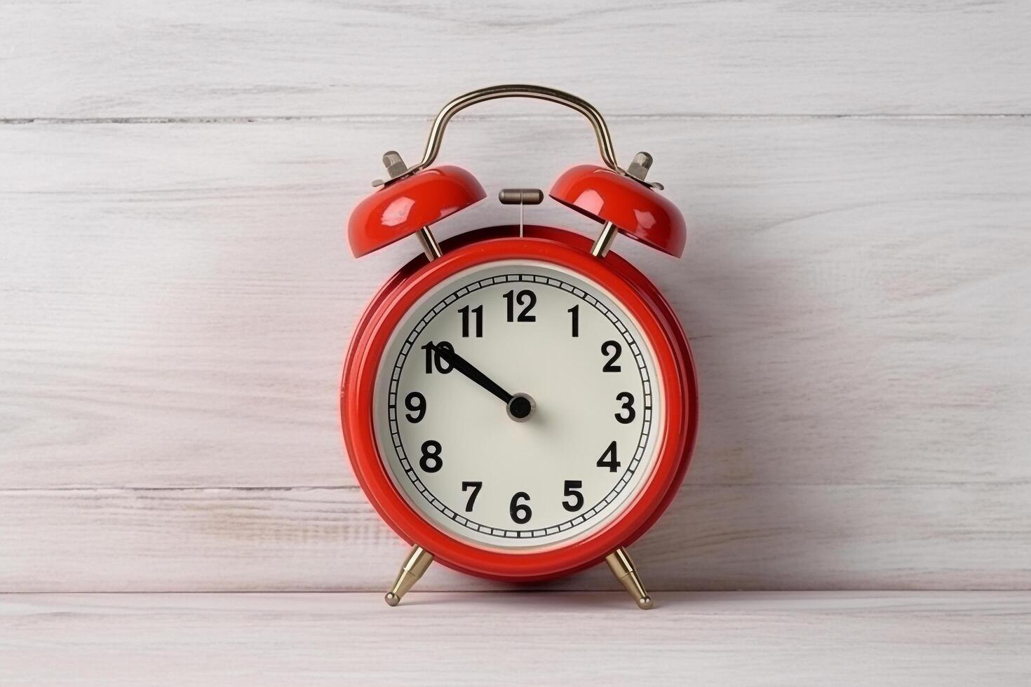 Red alarm clock on white wooden background.. photo