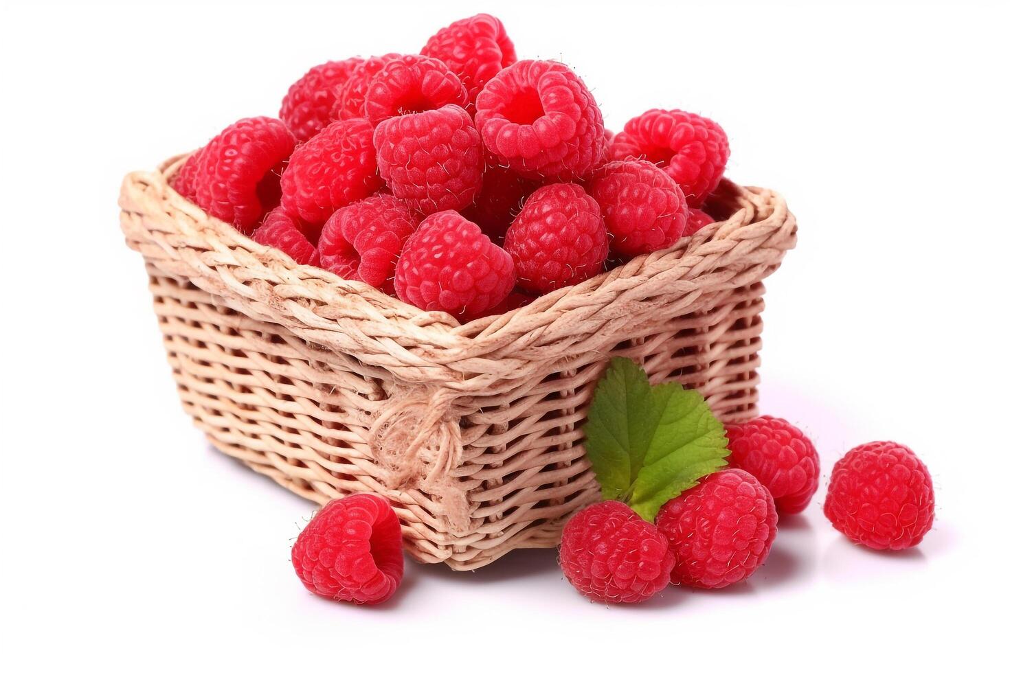 Raspberry in wicker basket isolated on white background.. photo