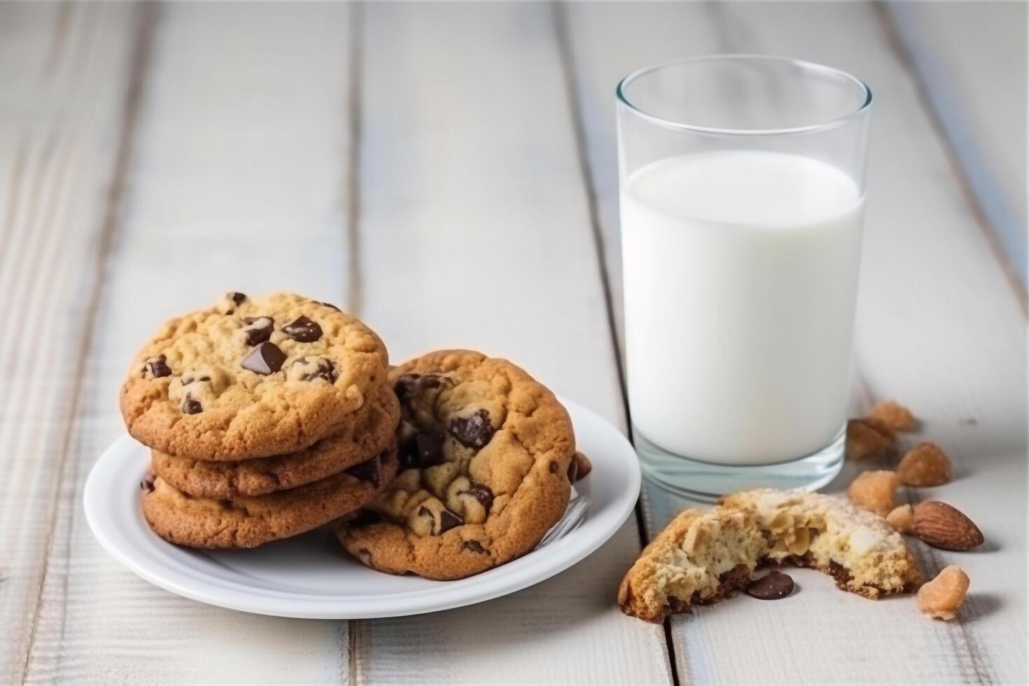 Leche con galletas en blanco de madera fondo.. foto