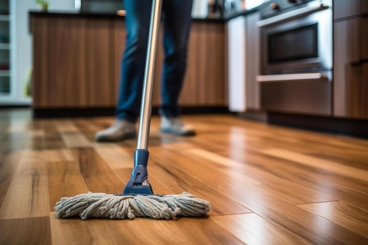 Butler using a mop in the kitchen.. photo