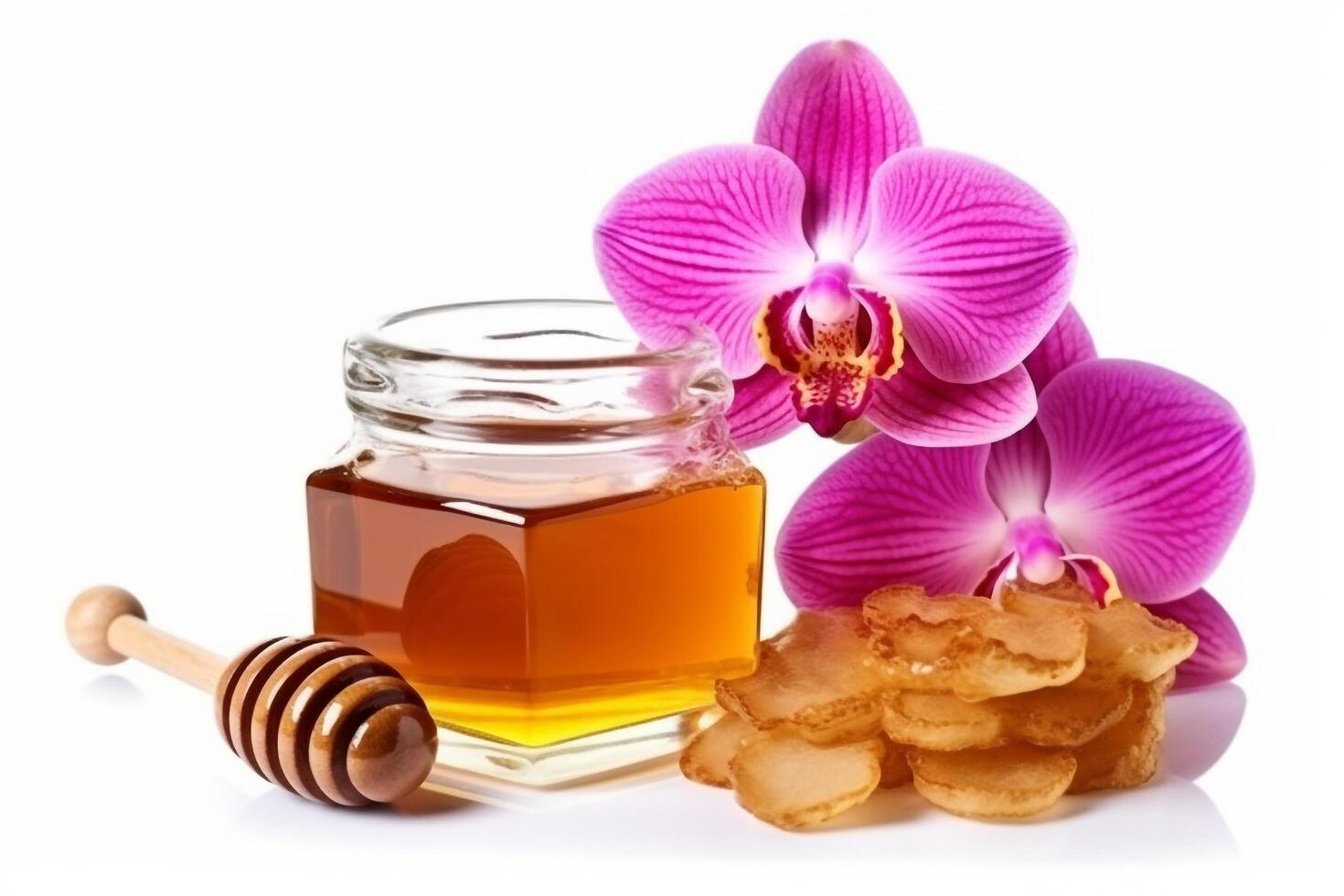 Honey with pink orchid flower isolated on white background.. photo