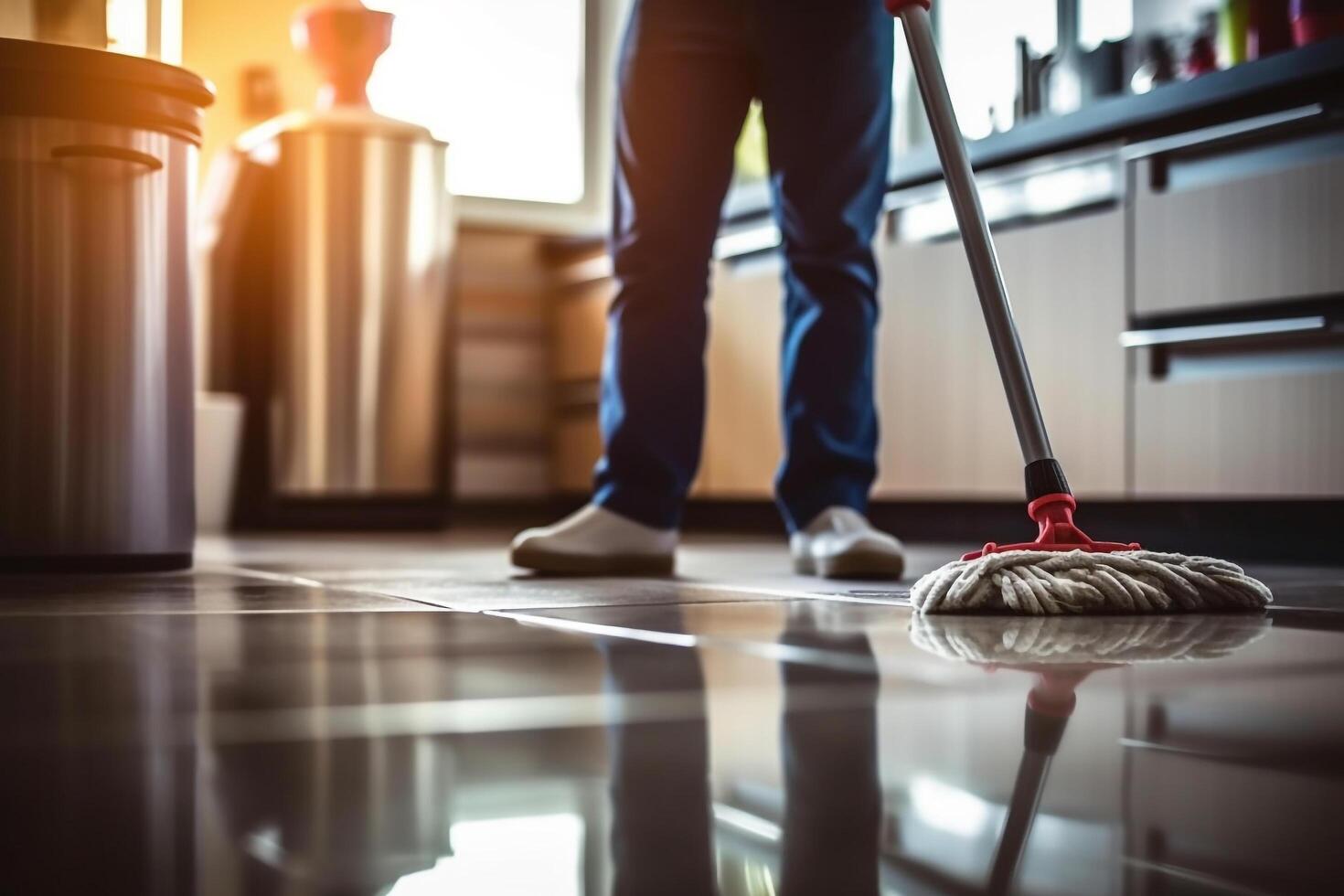 Butler using a mop in the kitchen.. photo