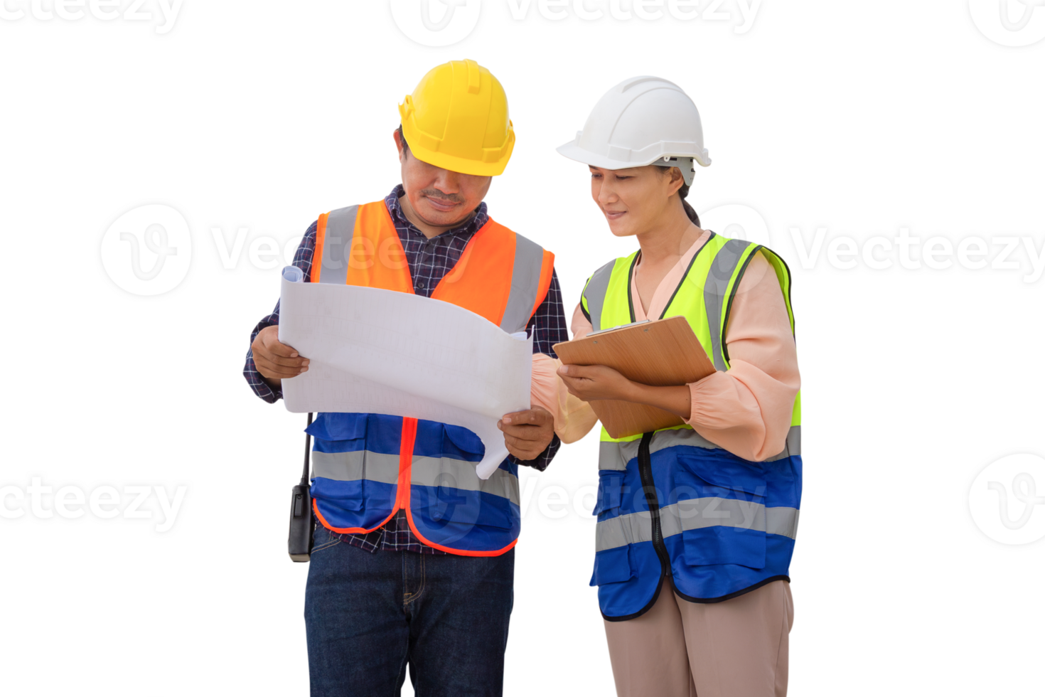 Female engineer and foreman worker checking project at building site, Engineer and builders in hardhats discussing on construction site, Teamwork concepts png