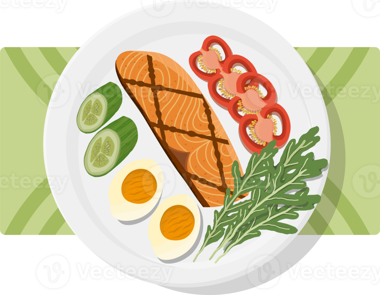 Food illustration of salmon, eggs and salad on top of a plate png