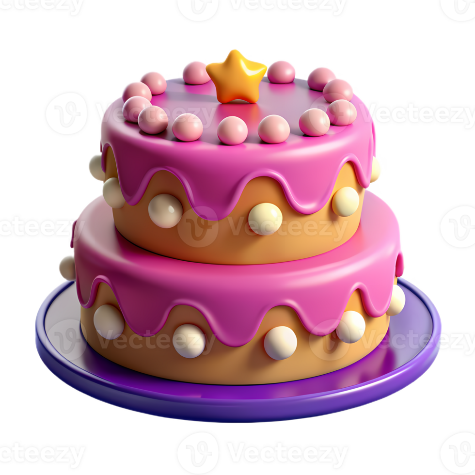 3d pink cake icon with star topper, ideal for birthday, party graphics, and festive design elements png