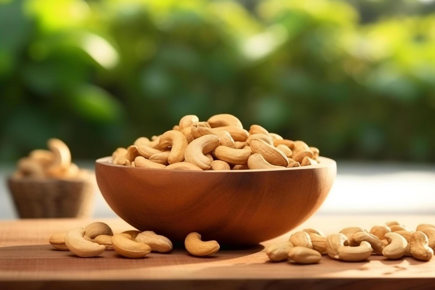 Cashew nuts in the wooden bowl with garden background.. photo
