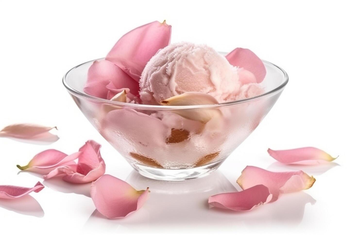 Rose ice cream almonds and rose petals isolated on white background.. photo