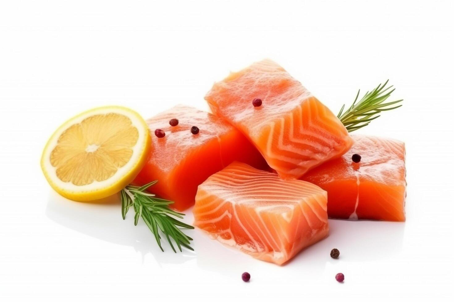 Salmon diced with lemon isolate on white background.. photo