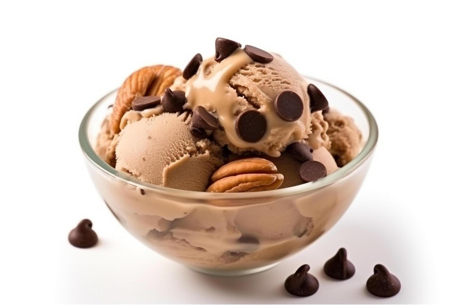 Chocolate ice cream almonds and chocolate Chips with wafer in the bowl isolated on white background.. photo