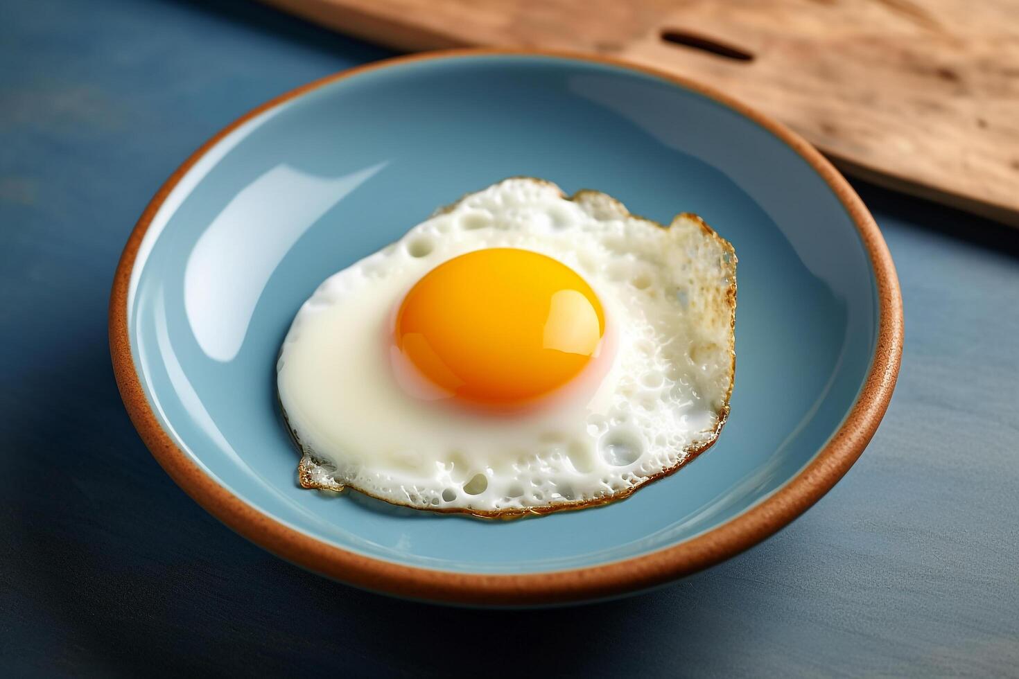Fried egg on ceramic plate on blue background.. photo
