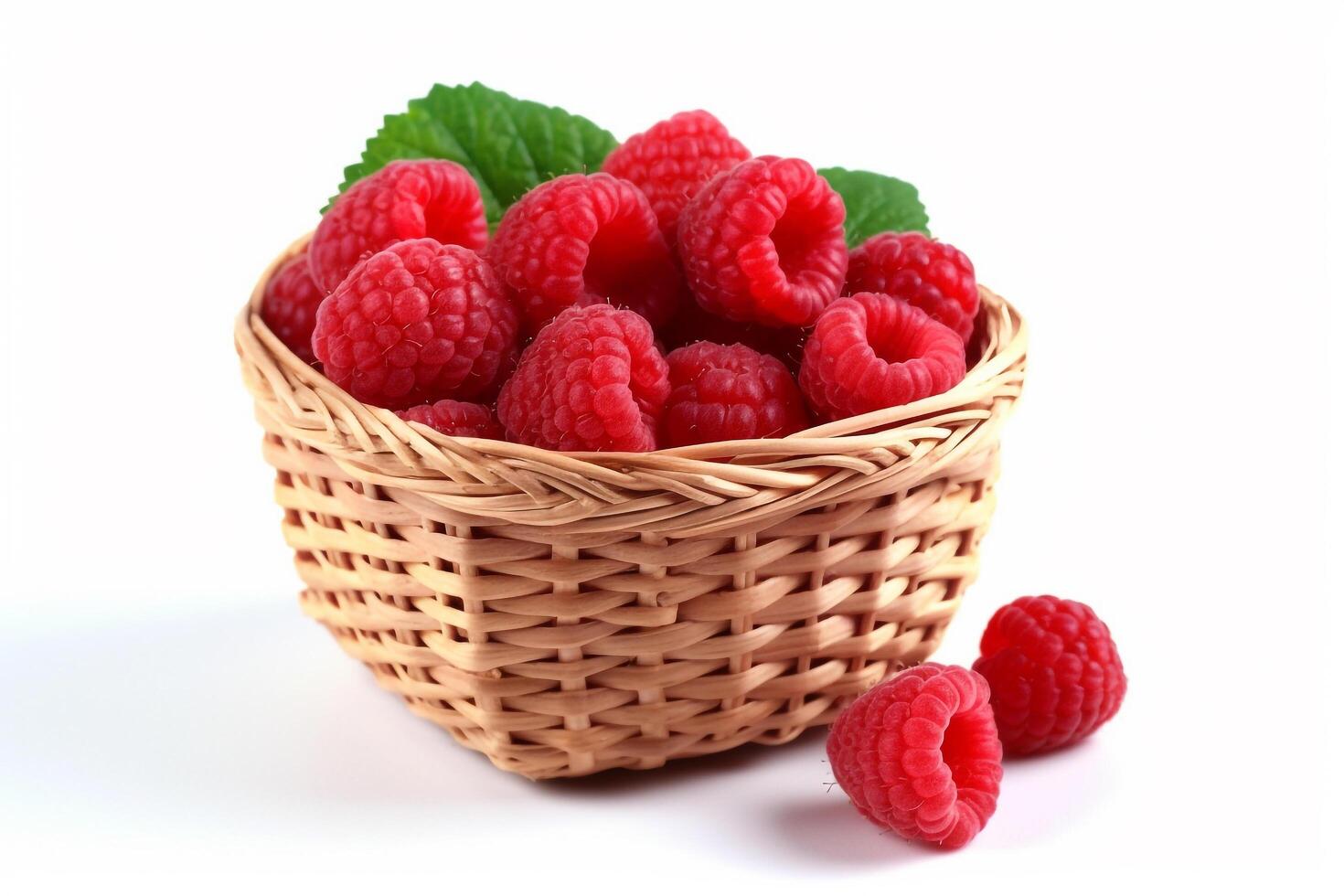 Raspberry in wicker basket isolated on white background.. photo