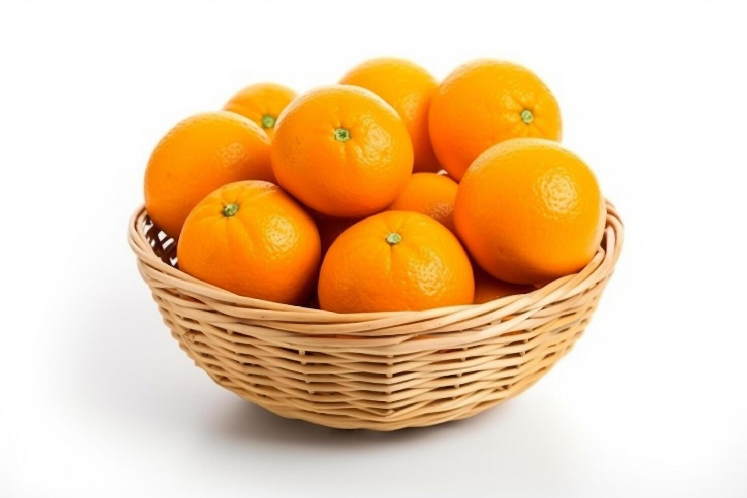 Orange in wicker basket isolated on white background.. photo